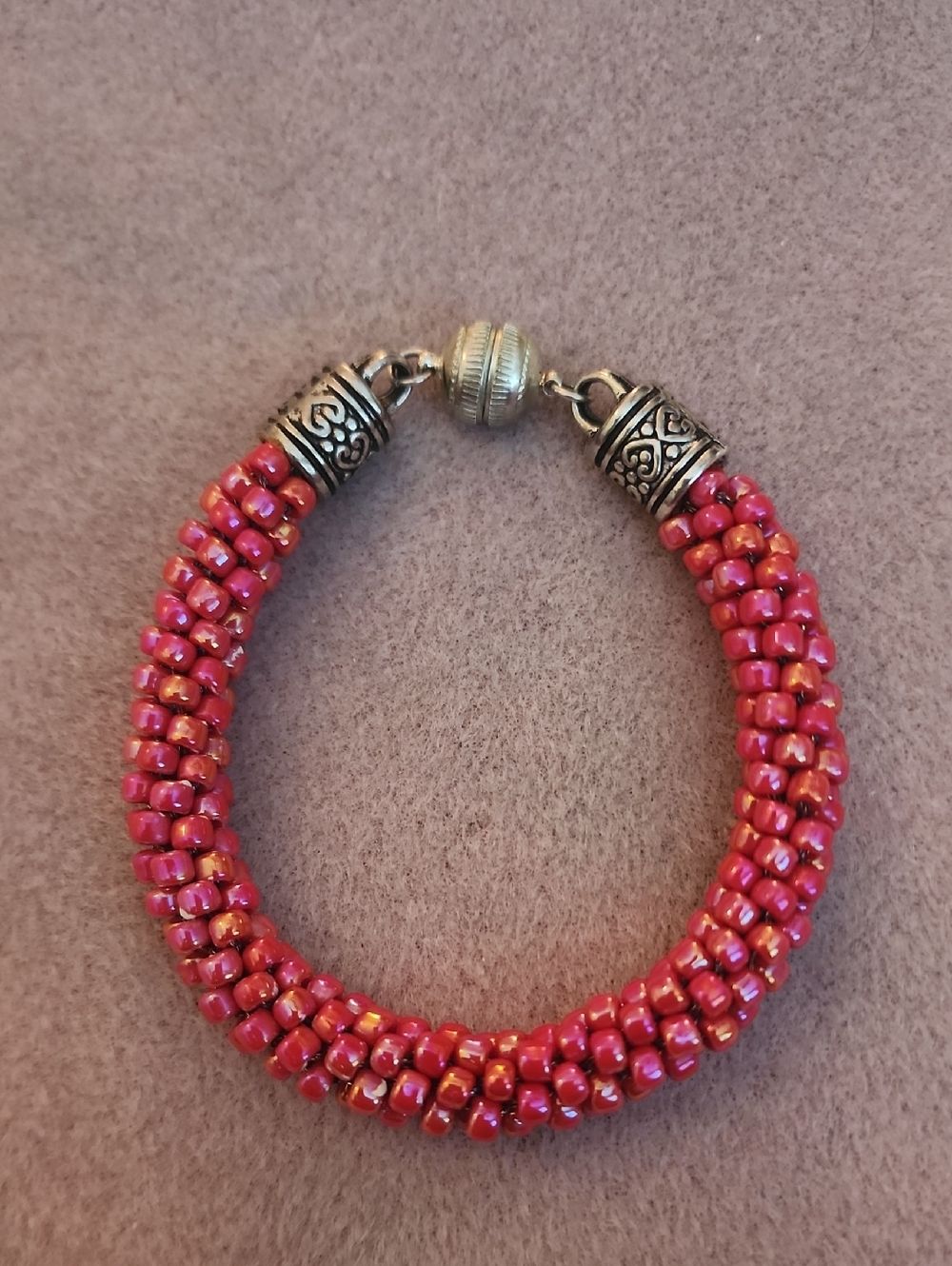 Kumihimo Pink Red Iridescent Beaded Bracelet w/ Silver Magnetic Clasp Handmade